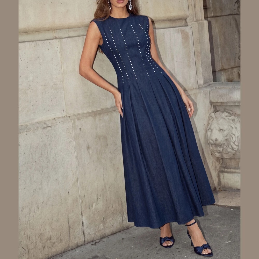 Navy Blue Pearl Beaded Round Neck Sleeveless Pleated Maxi Dress